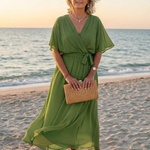 Mirmarie | V Neck Draped Waist Tie Midi Dress
