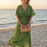 Mirmarie | V Neck Draped Waist Tie Midi Dress