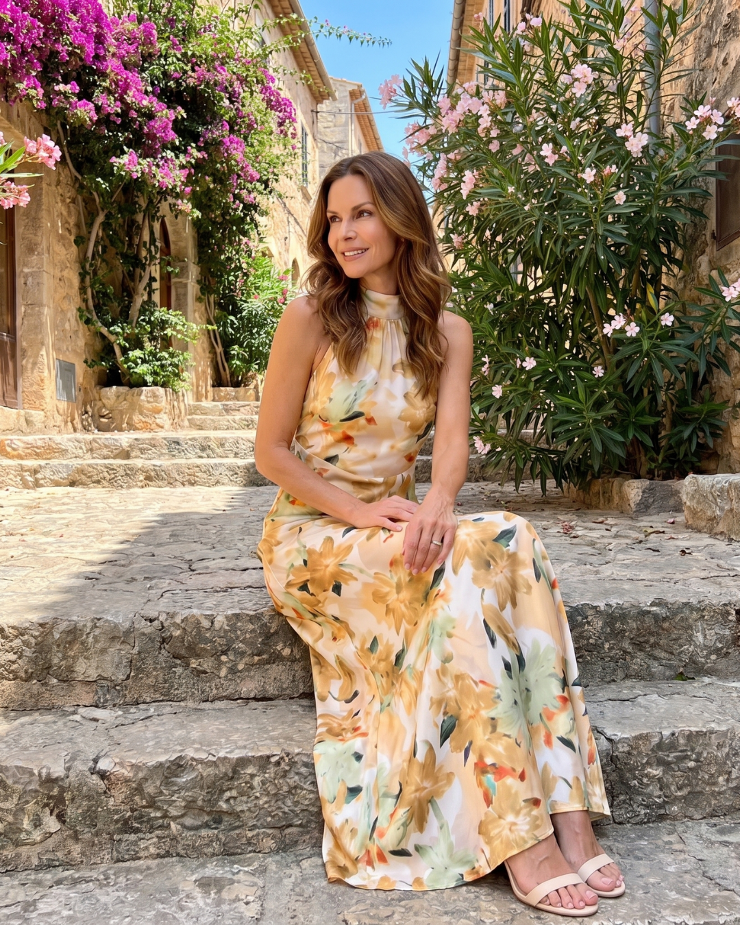 Hilandra | Botanical Print Halter Neck Flowing Midi Dress