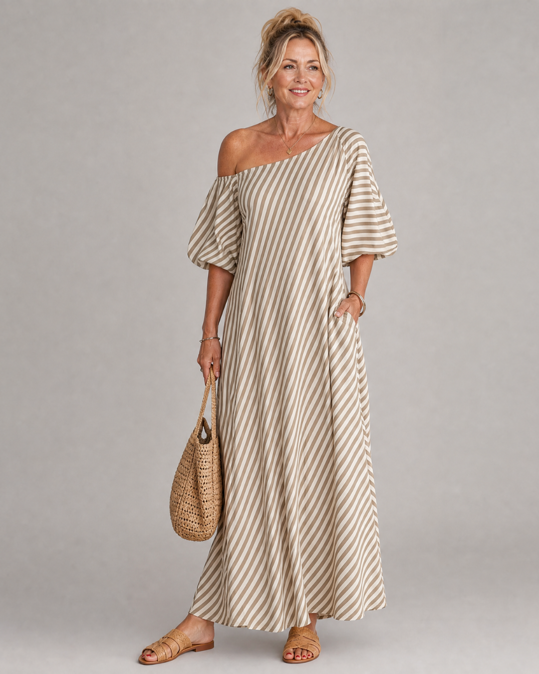 Faela | Striped Off Shoulder Puff Sleeve Midi Dress