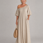 Faela | Striped Off Shoulder Puff Sleeve Midi Dress