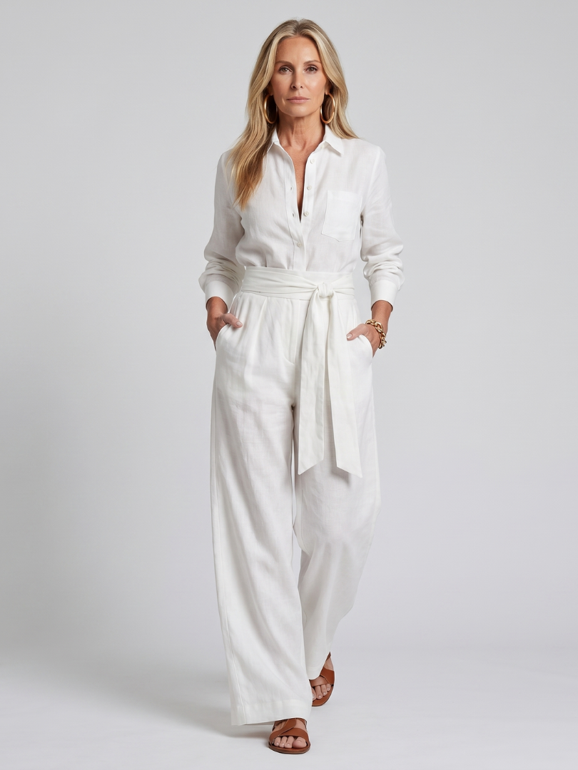Marenney | Long Sleeve Button Front Wide Leg Jumpsuit