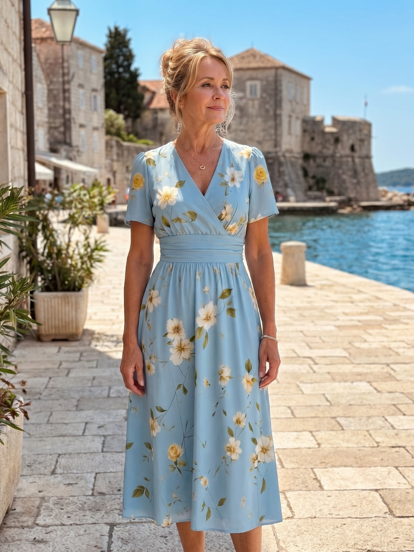 Serwynne | Floral Print Short Sleeve V Neck Midi Dress