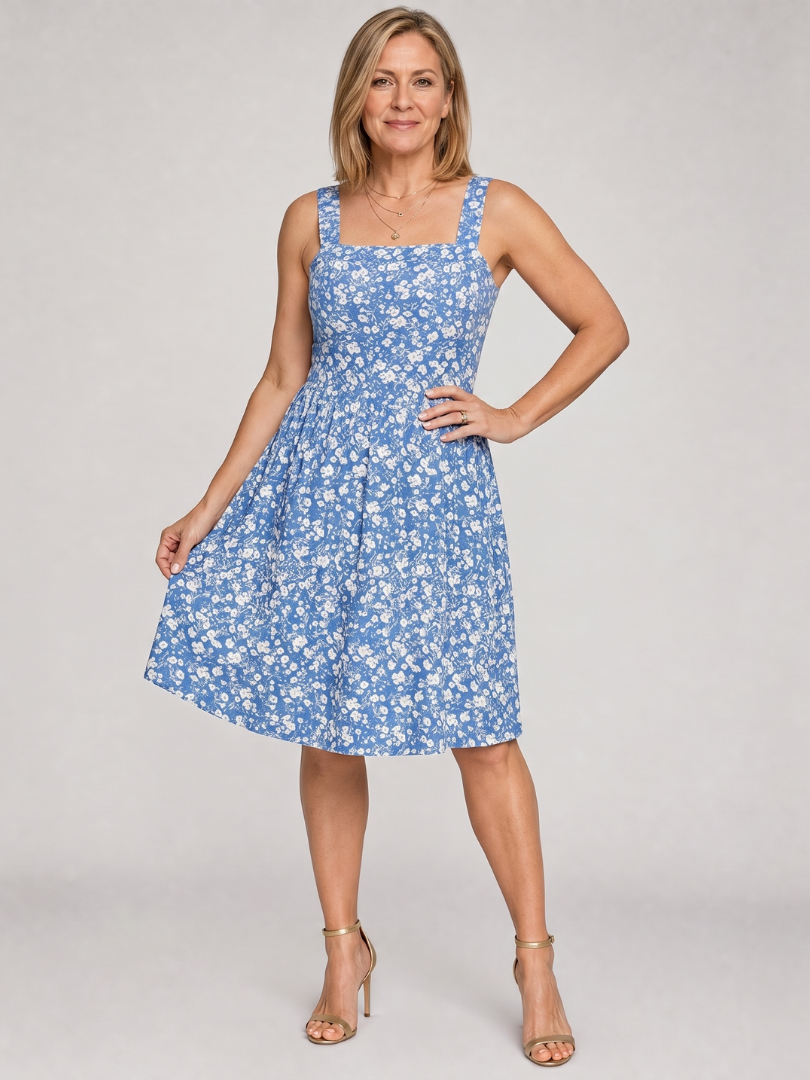 Nilasia | Square Neck Floral Print Knee Length Dress