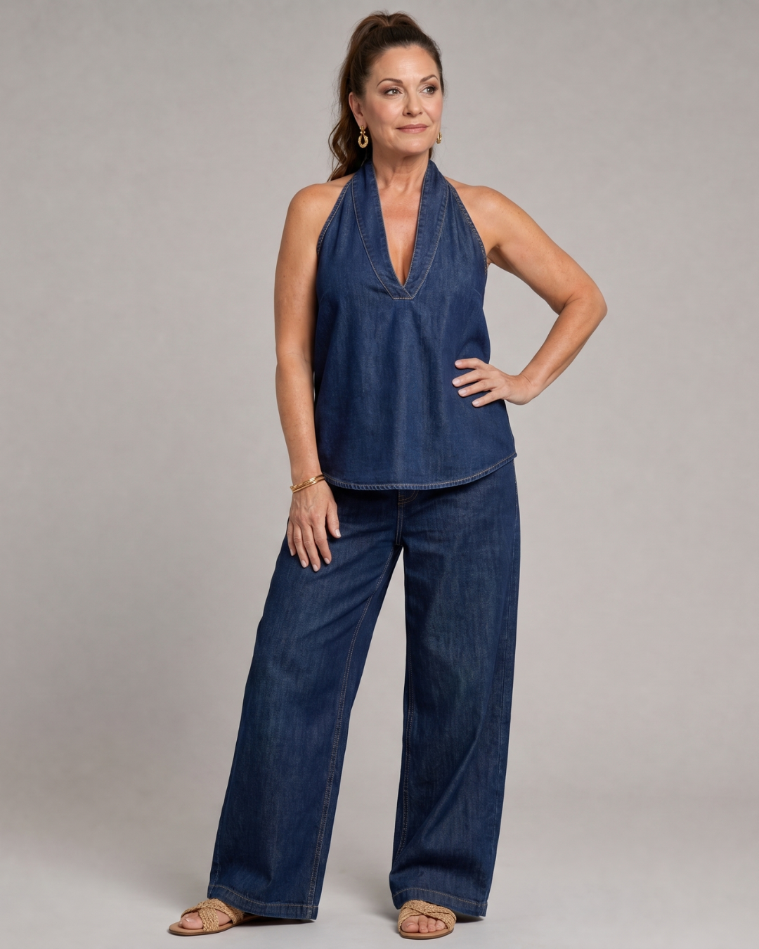 Tallyn | Halter Neck Denim Top And Wide Leg Pants Set