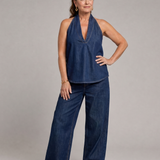 Tallyn | Halter Neck Denim Top And Wide Leg Pants Set