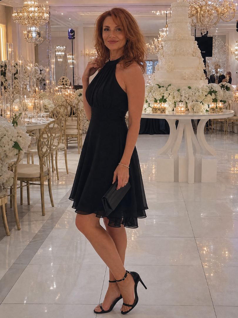Roslia | Halter Neck Layered Hem Knee Length Dress