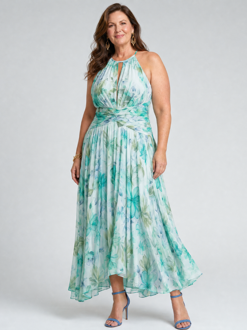 Milmarie | Pleated Halter Soft Floral Pattern Midi Dress