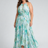 Milmarie | Pleated Halter Soft Floral Pattern Midi Dress