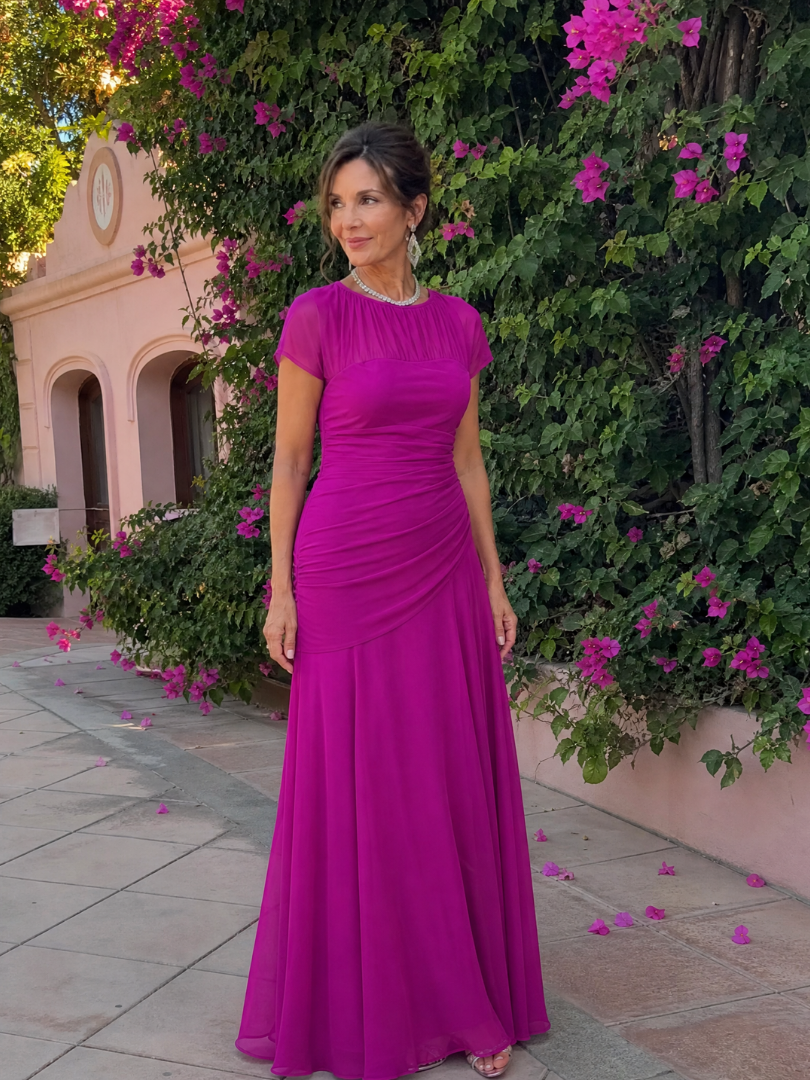 Orlalora | Mesh Yoke Ruched Maxi Dress