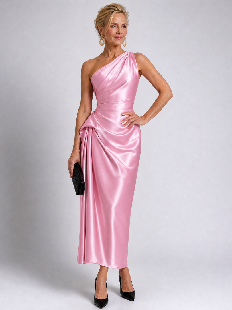 Celna | One Shoulder Draped Satin Midi Dress
