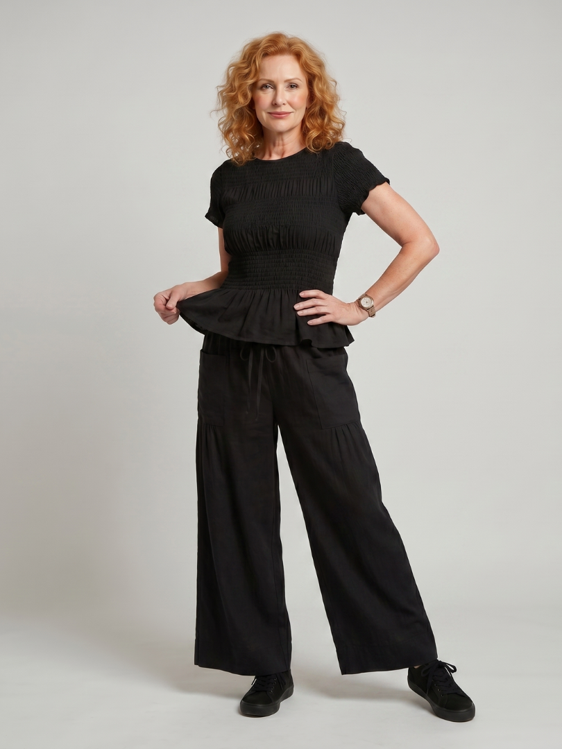 Selthea | Peplum Detail Smocked Top And Wide Leg Pants Set