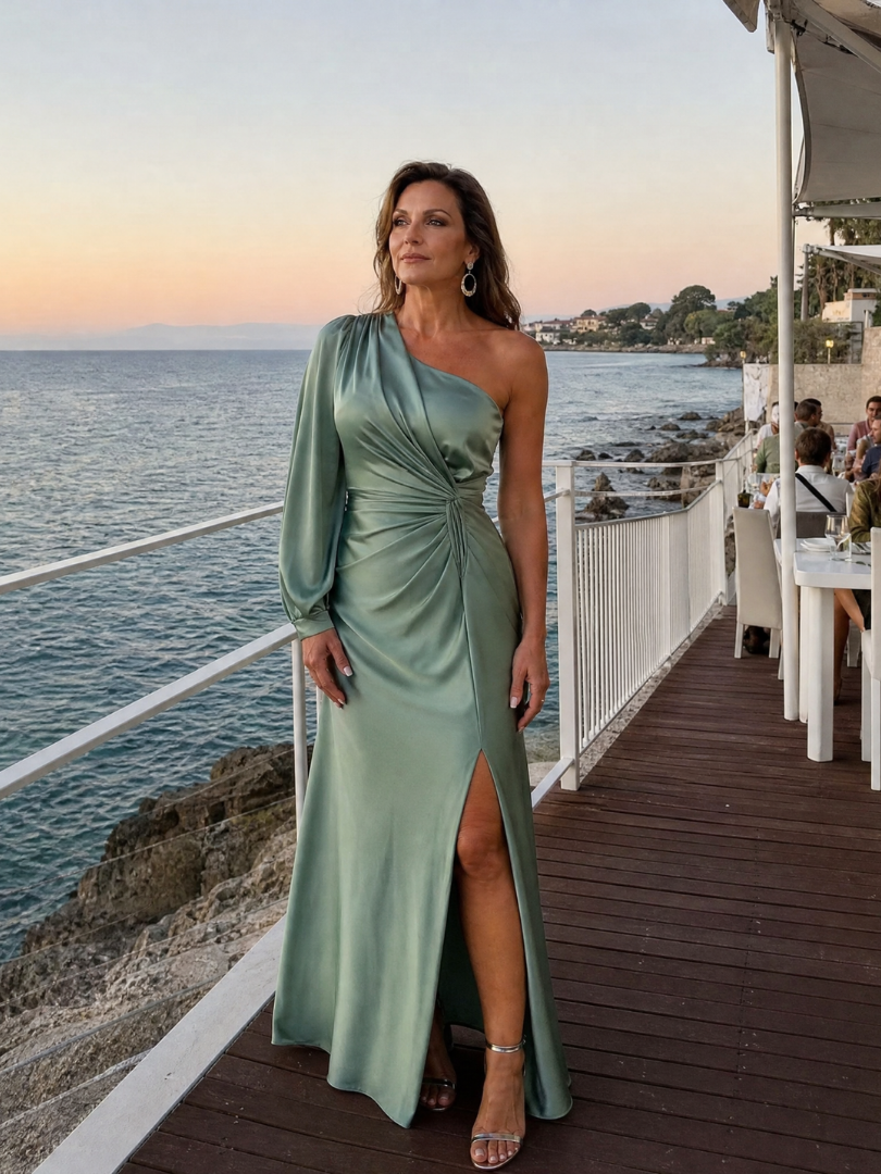 Julna | One Shoulder Draped Slit Maxi Dress