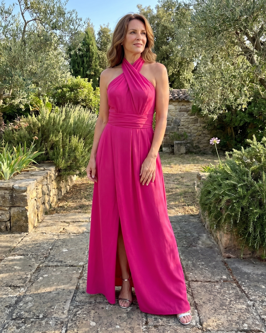 Camlora | Cross Halter Sleeveless Draped Midi Dress
