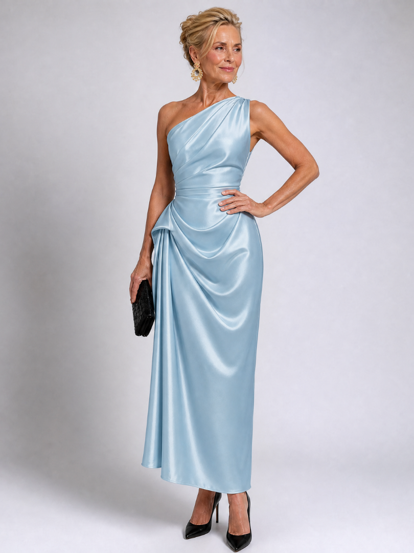 Celna | One Shoulder Draped Satin Midi Dress
