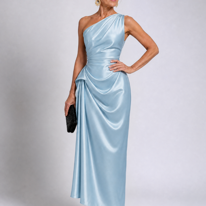 Celna | One Shoulder Draped Satin Midi Dress