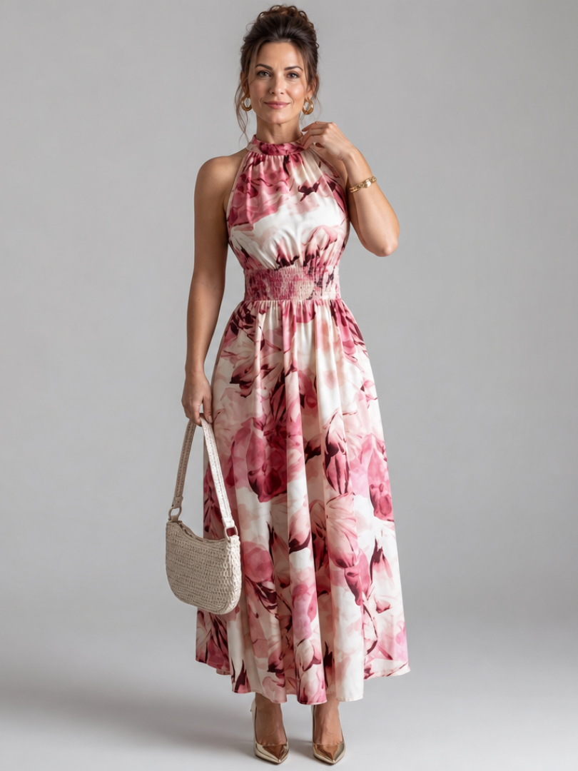 Fionia | Gathered Waist Abstract Print Midi Dress