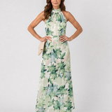 Hilandra | Botanical Print Halter Neck Flowing Midi Dress