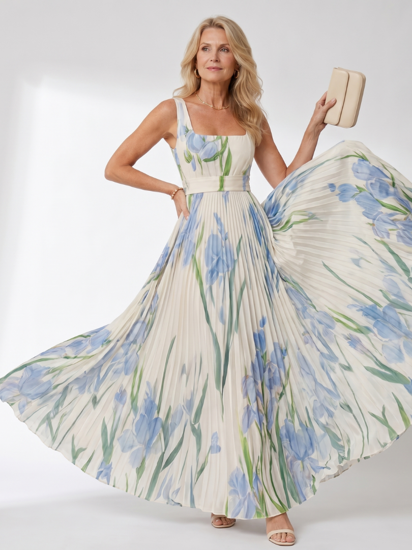 Camwen | Pleated Sleeveless Square Neck Midi Dress