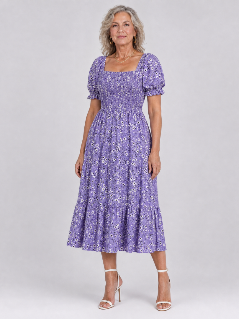 Serrina | Floral Smocked Square Neck Midi Dress