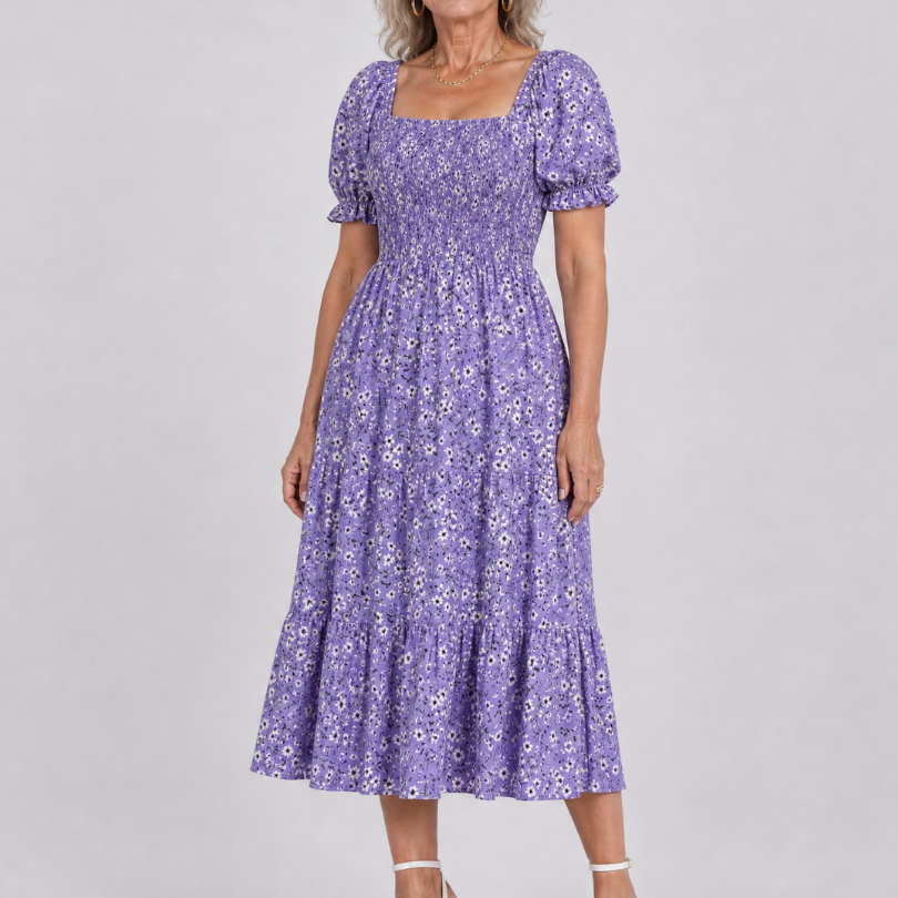 Serrina | Floral Smocked Square Neck Midi Dress
