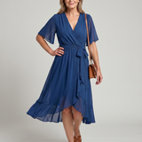 Tamsinlia | Short Sleeve Wrap Soft Flowing Hem Midi Dress