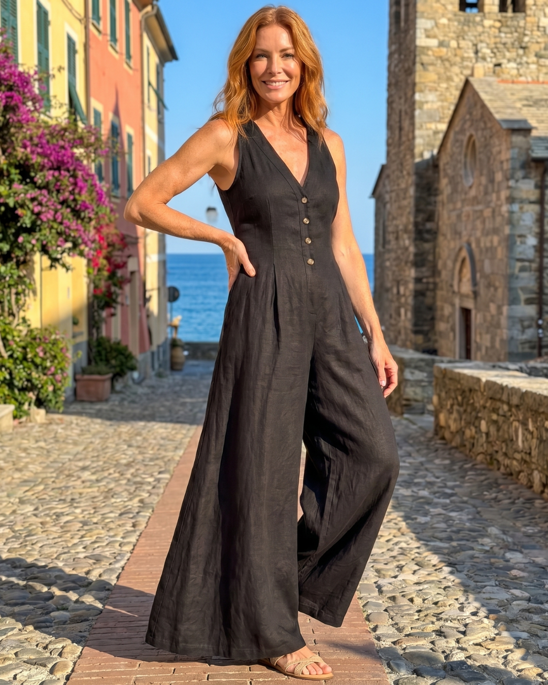 Verenarina | Button Front Sleeveless Wide Leg Relaxed Jumpsuit