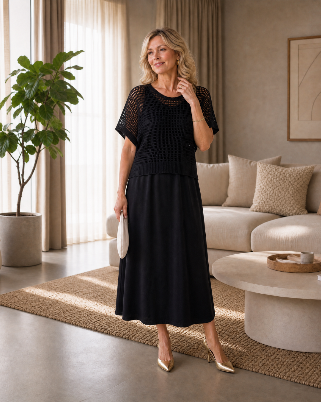 Perndra | Open Knit Top And Flowing Midi Dress Set