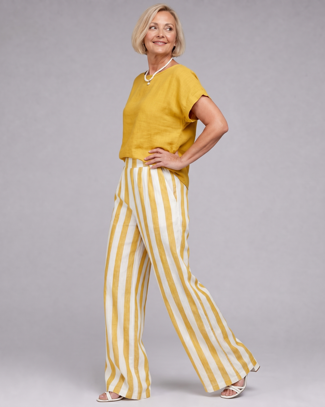 Magdara | Linen Blend Top And Striped Wide Leg Pants Set