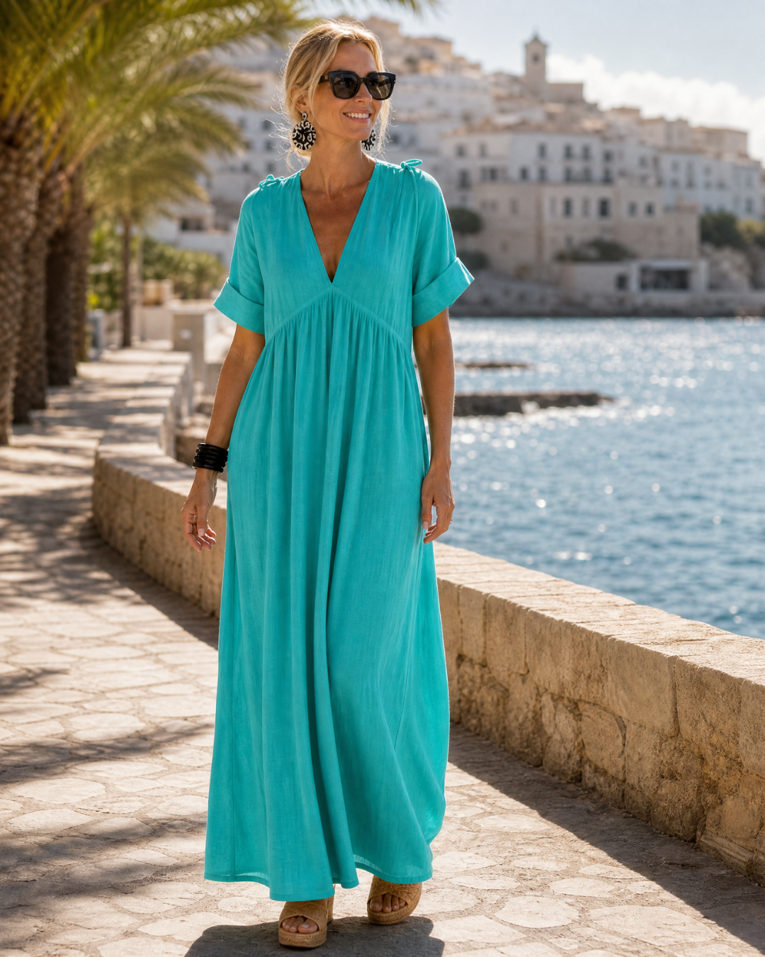 Faerose | Textured V Neck Short Sleeve Flowing Midi Dress