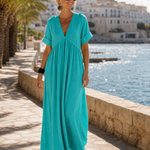 Faerose | Textured V Neck Short Sleeve Flowing Midi Dress