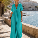 Faerose | Textured V Neck Short Sleeve Flowing Midi Dress