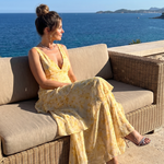 Sabda | Deep V Sleeveless Painterly Pattern Midi Dress
