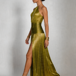 Nevrin | Halter Neck Pleated High Slit Maxi Dress