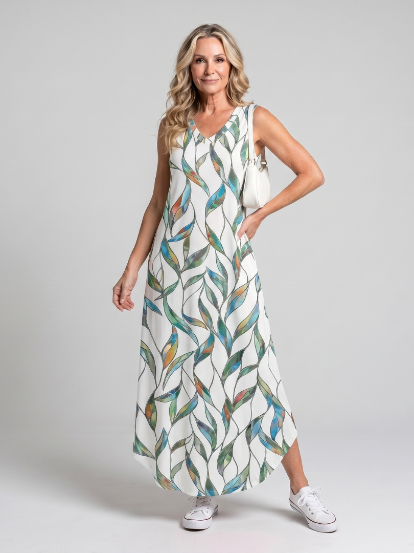 Tesmarie | Sleeveless Tropical Leaf Print Midi Dress