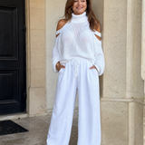Perthea | Cold Shoulder Knit Sweater Wide Leg Pants Set