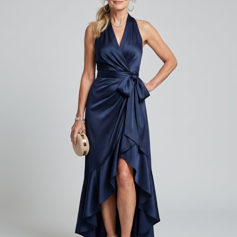 Mirwyn | Halter Neck Wrap Asymmetric Hem Midi Dress
