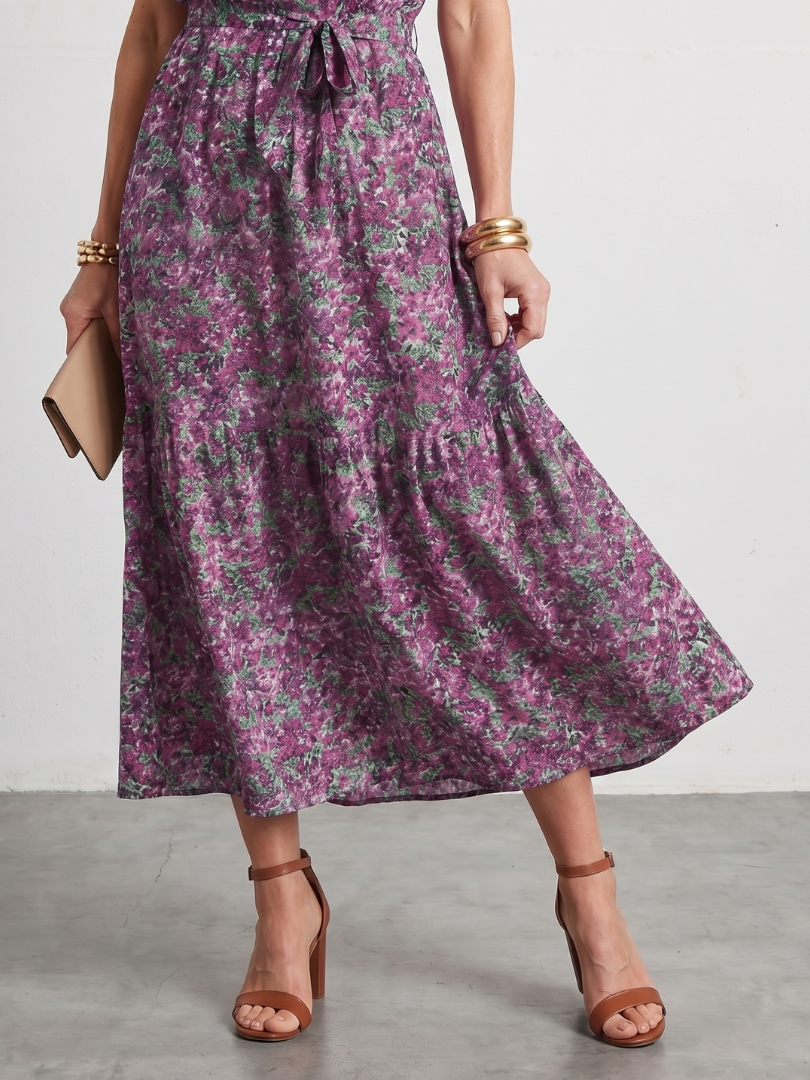 Tesdra | High Neck Floral Tiered Midi Dress
