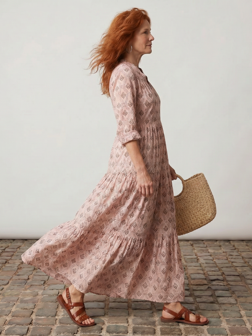 Teswen | Notch Neck Printed Long Sleeve Maxi Dress