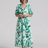 Larette | Puff Sleeve V Neck Abstract Print Midi Dress