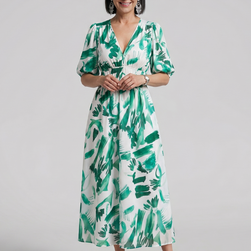 Larette | Puff Sleeve V Neck Abstract Print Midi Dress