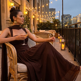 Fleurbelle | Cutout Neck Pleated Slit Maxi Dress