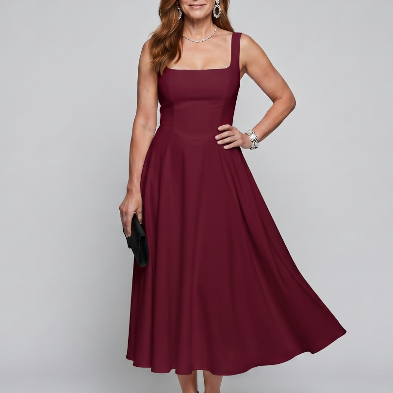 Dalbelle | Sleeveless Square Neck Flared Skirt Midi Dress