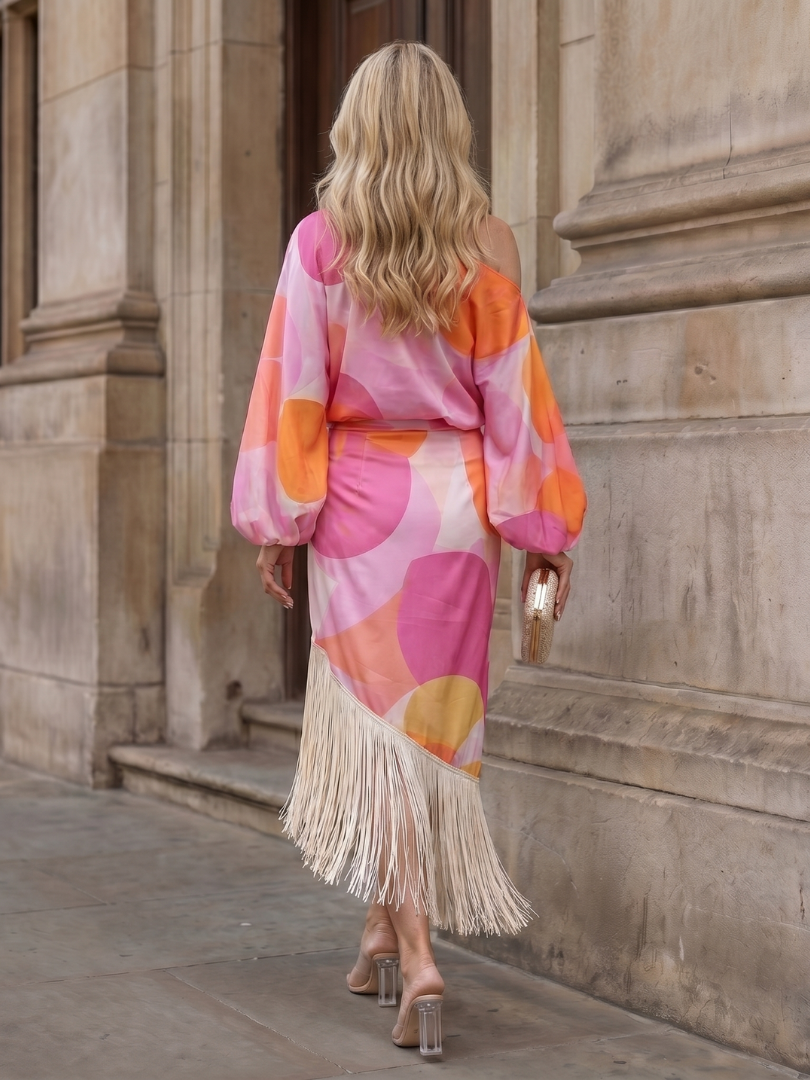 Briwynne | Abstract Print Fringe Hem Midi Dress