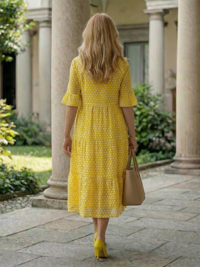 Thalwynne | Polka Dot Tiered Midi Dress Short Sleeve