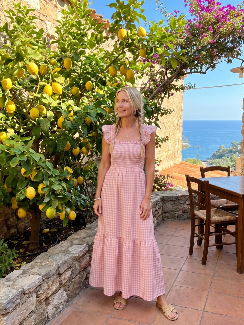 Sabdra | Sleeveless Square Neck Gingham Pattern Midi Dress