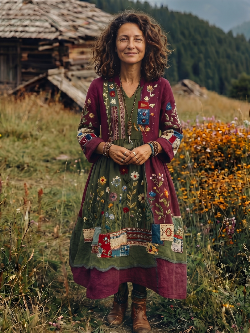 Fiodra | Embroidered Panel Long Sleeve Midi Dress
