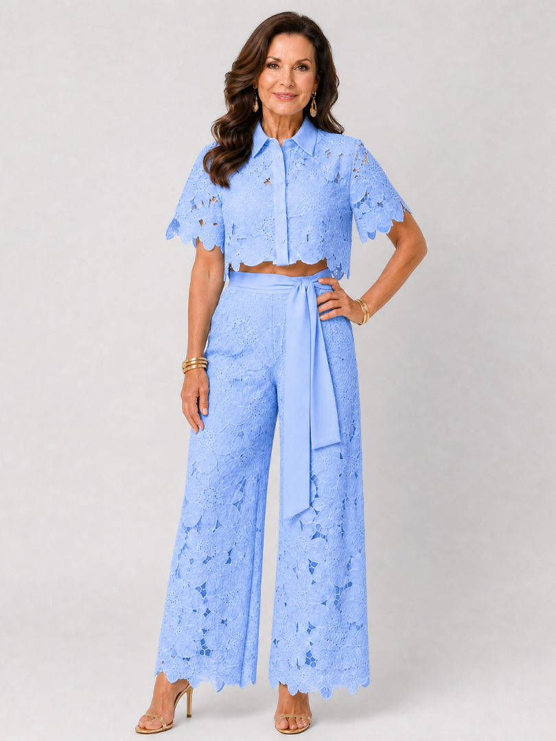Elobelle | Lace Button Front Two Piece Pant Set