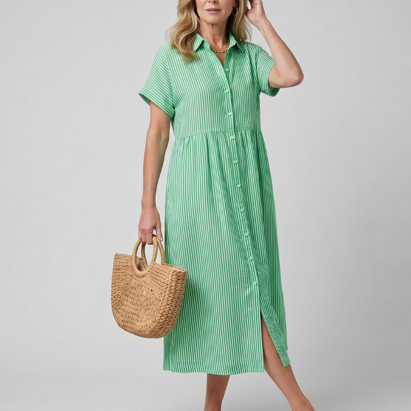 Roslora | Short Sleeve Stripe Pattern Midi Dress