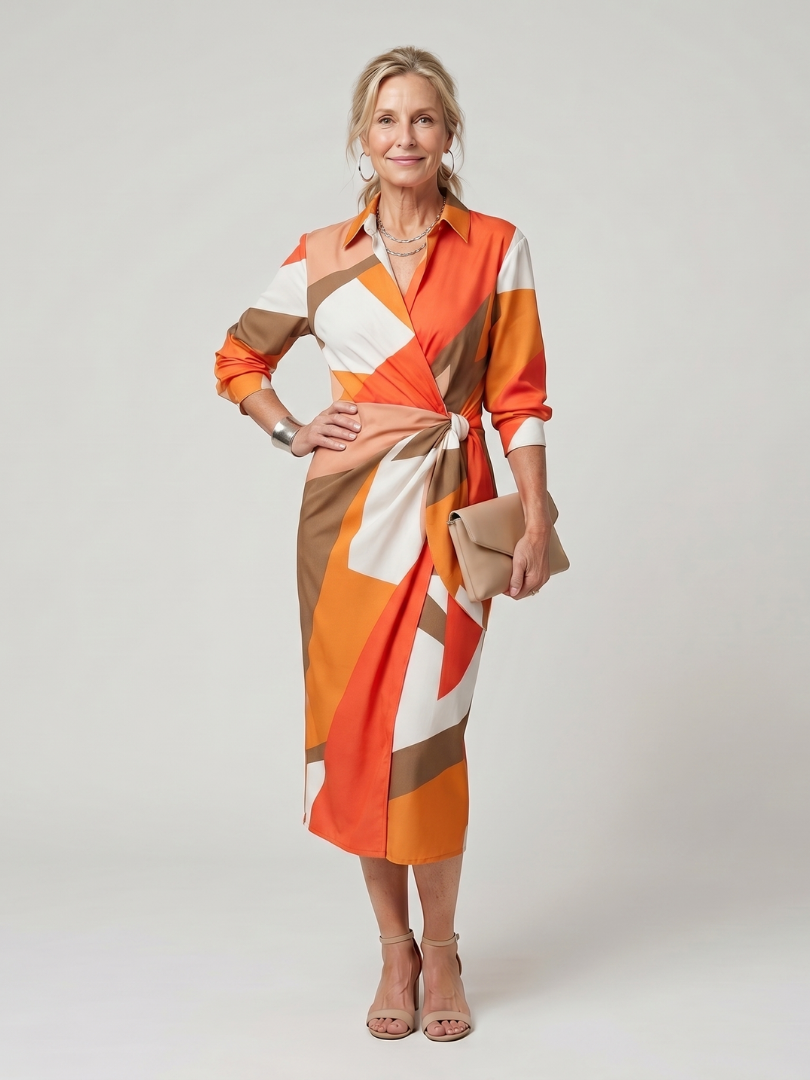 Dahine | Long Sleeve Collared Wrap Stripe Pattern Midi Dress